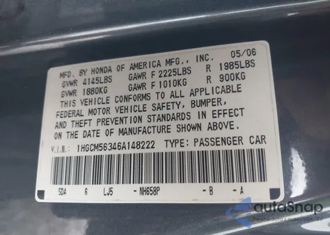 2006 Honda Accord 2.4 Se из США, поврежденный, VIN 1HGCM56346A148222